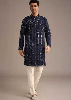 Blue Mirror Embellished Kurta Set With Dupatta