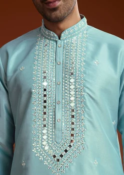 Blue Mirror Embellished Kurta Pant Set In Silk
