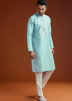 Blue Mirror Embellished Kurta Pant Set In Silk