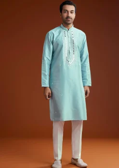 Blue Mirror Embellished Kurta Pant Set In Silk