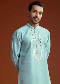 Blue Mirror Embellished Kurta Pant Set In Silk