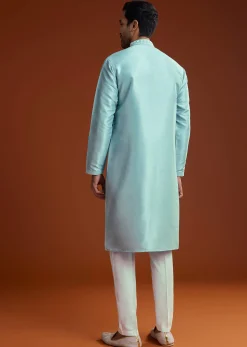 Blue Mirror Embellished Kurta Pant Set In Silk