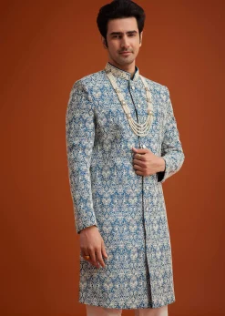 Blue Monga Silk Sherwani With Embroidery And Beadwork