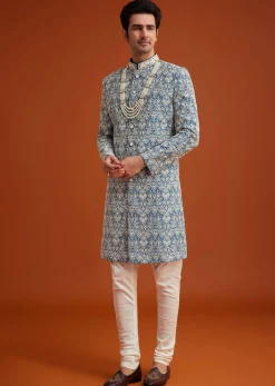 Blue Monga Silk Sherwani With Embroidery And Beadwork