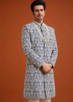 Blue Monga Silk Sherwani Set With Embroidery And Bead Work