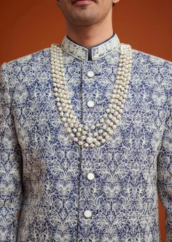 Blue Monga Silk Sherwani Set With Embroidery And Bead Work