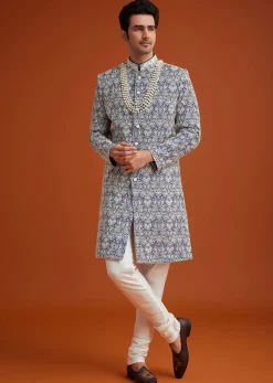 Blue Monga Silk Sherwani Set With Embroidery And Bead Work