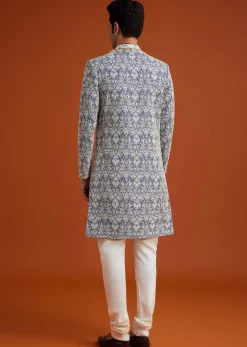 Blue Monga Silk Sherwani Set With Embroidery And Bead Work