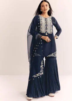 Blue Moti Threadwork Dola Silk Sharara Suit With Organza Dupatta