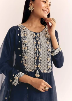 Blue Moti Threadwork Dola Silk Sharara Suit With Organza Dupatta