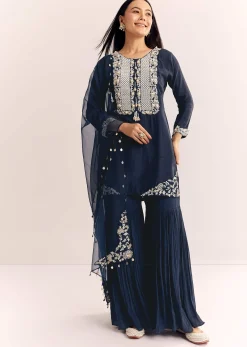 Blue Moti Threadwork Dola Silk Sharara Suit With Organza Dupatta