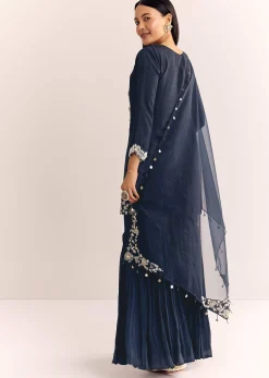 Blue Moti Threadwork Dola Silk Sharara Suit With Organza Dupatta