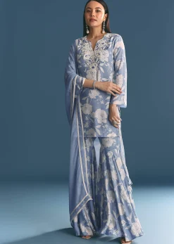 Blue Muslin Floral Print Kurta Sharara Suit With Moti Cutdana Work