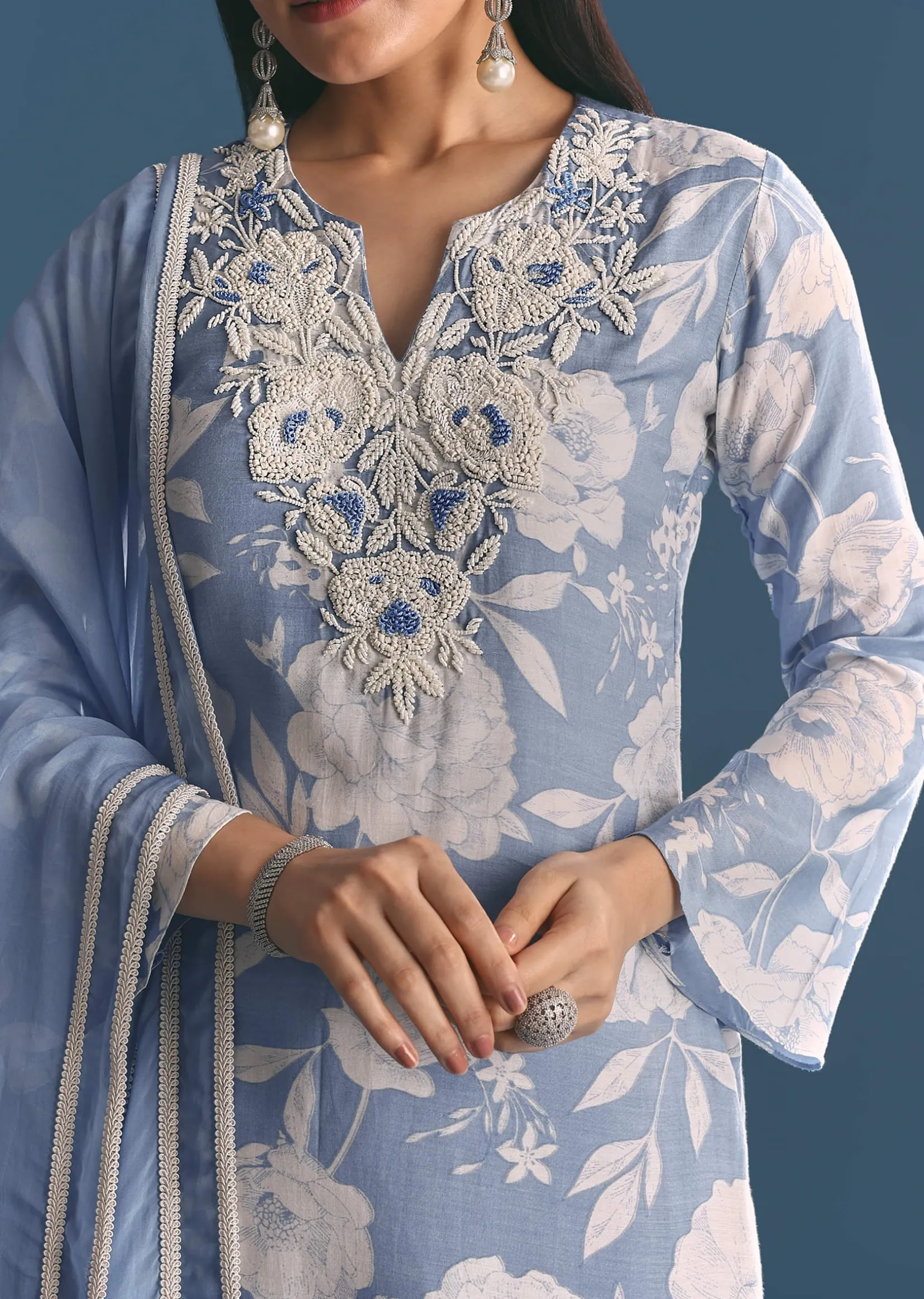 Blue Muslin Floral Print Kurta Sharara Suit With Moti Cutdana Work