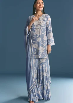 Blue Muslin Floral Print Kurta Sharara Suit With Moti Cutdana Work
