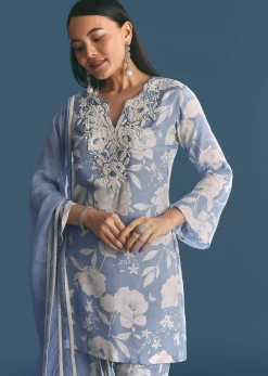 Blue Muslin Floral Print Kurta Sharara Suit With Moti Cutdana Work
