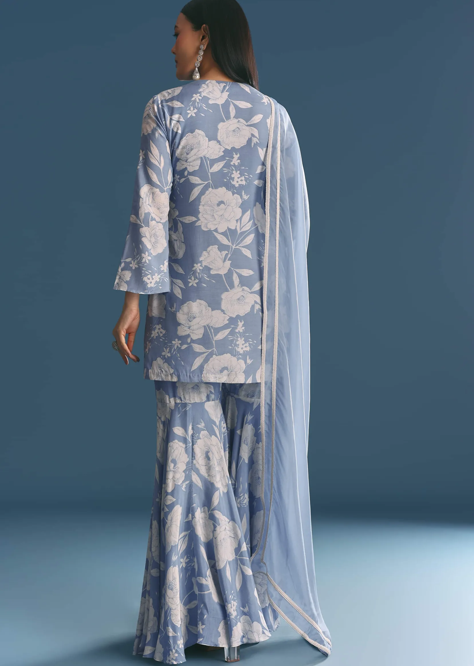 Blue Muslin Floral Print Kurta Sharara Suit With Moti Cutdana Work