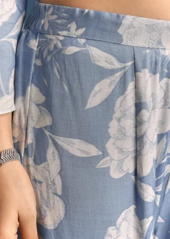 Blue Muslin Floral Print Kurta Sharara Suit With Moti Cutdana Work