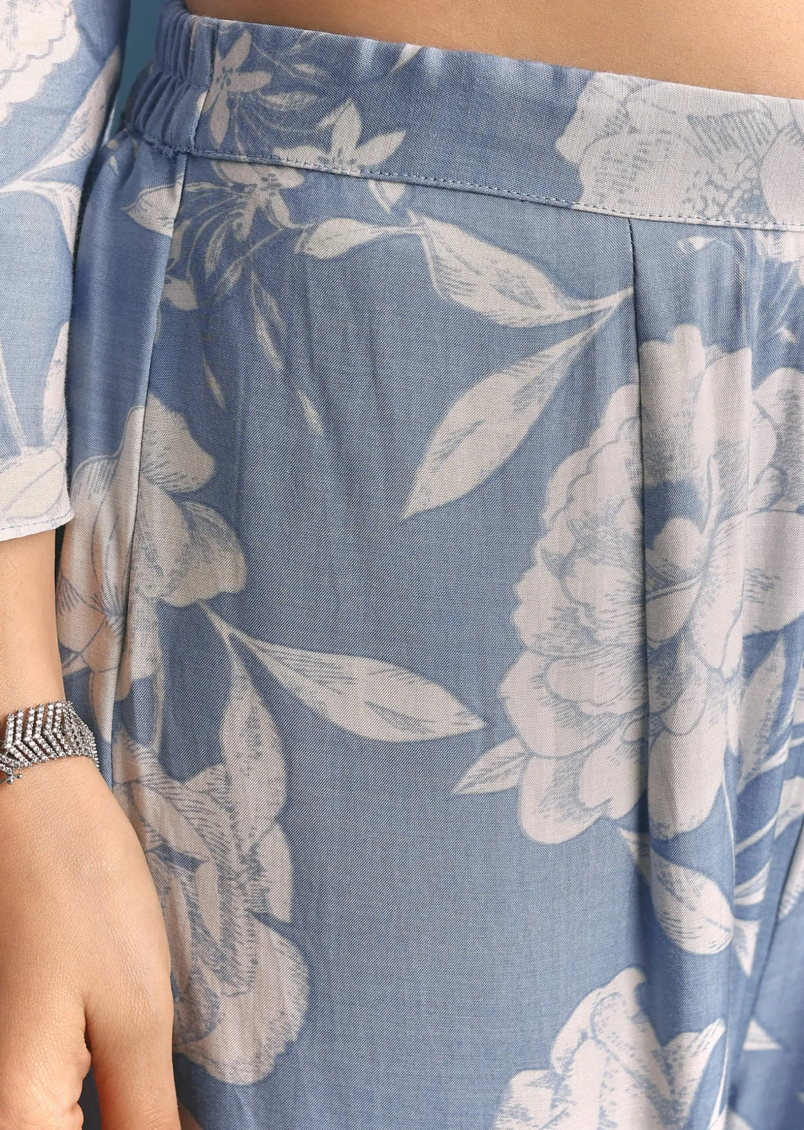Blue Muslin Floral Print Kurta Sharara Suit With Moti Cutdana Work
