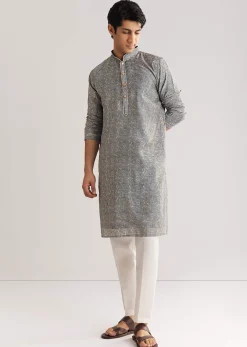 Blue Muslin Kurta Set With Mandarin Collar