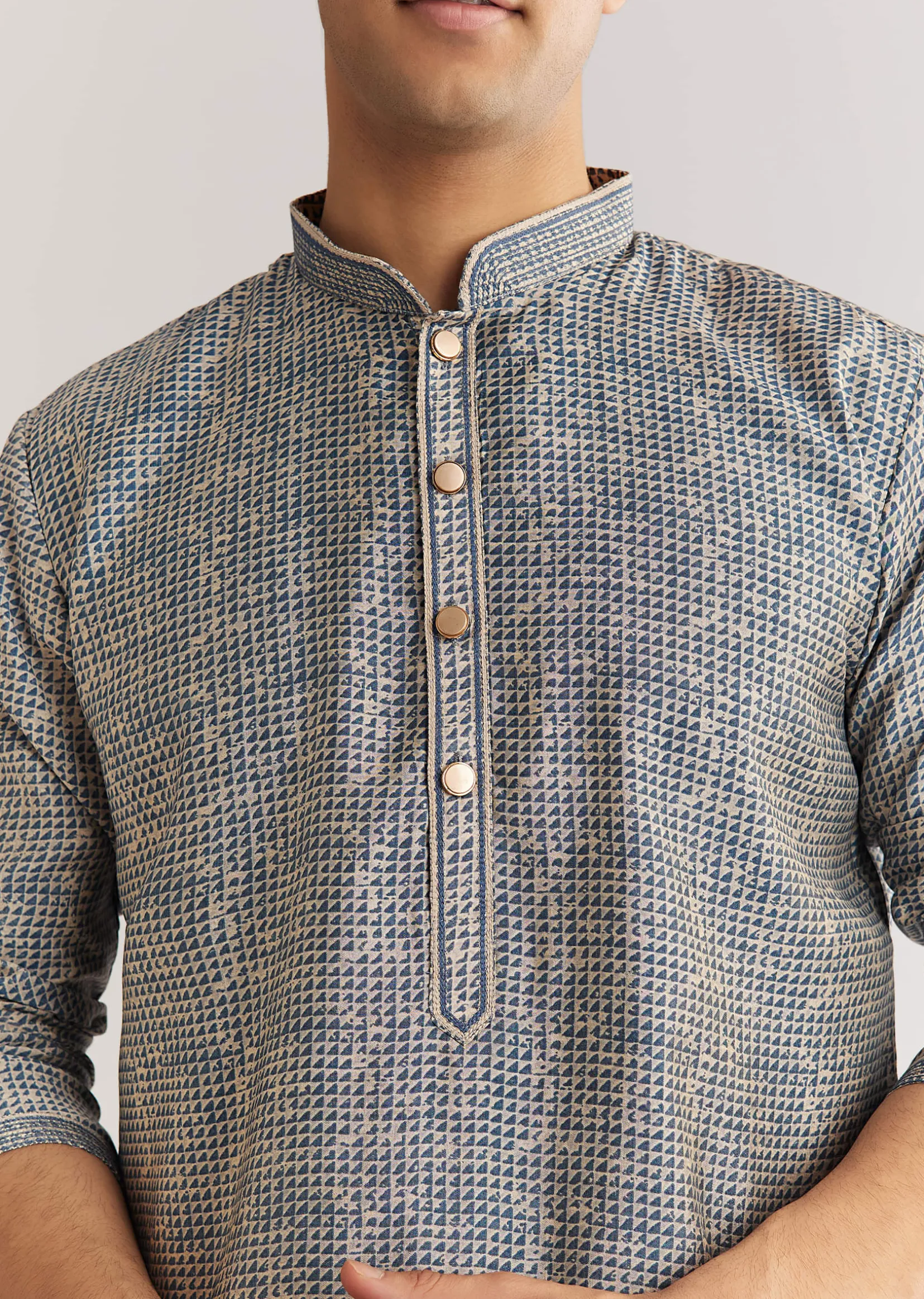 Blue Muslin Kurta Set With Mandarin Collar
