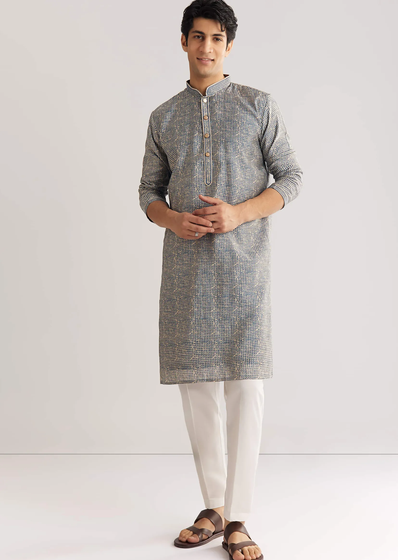 Blue Muslin Kurta Set With Mandarin Collar