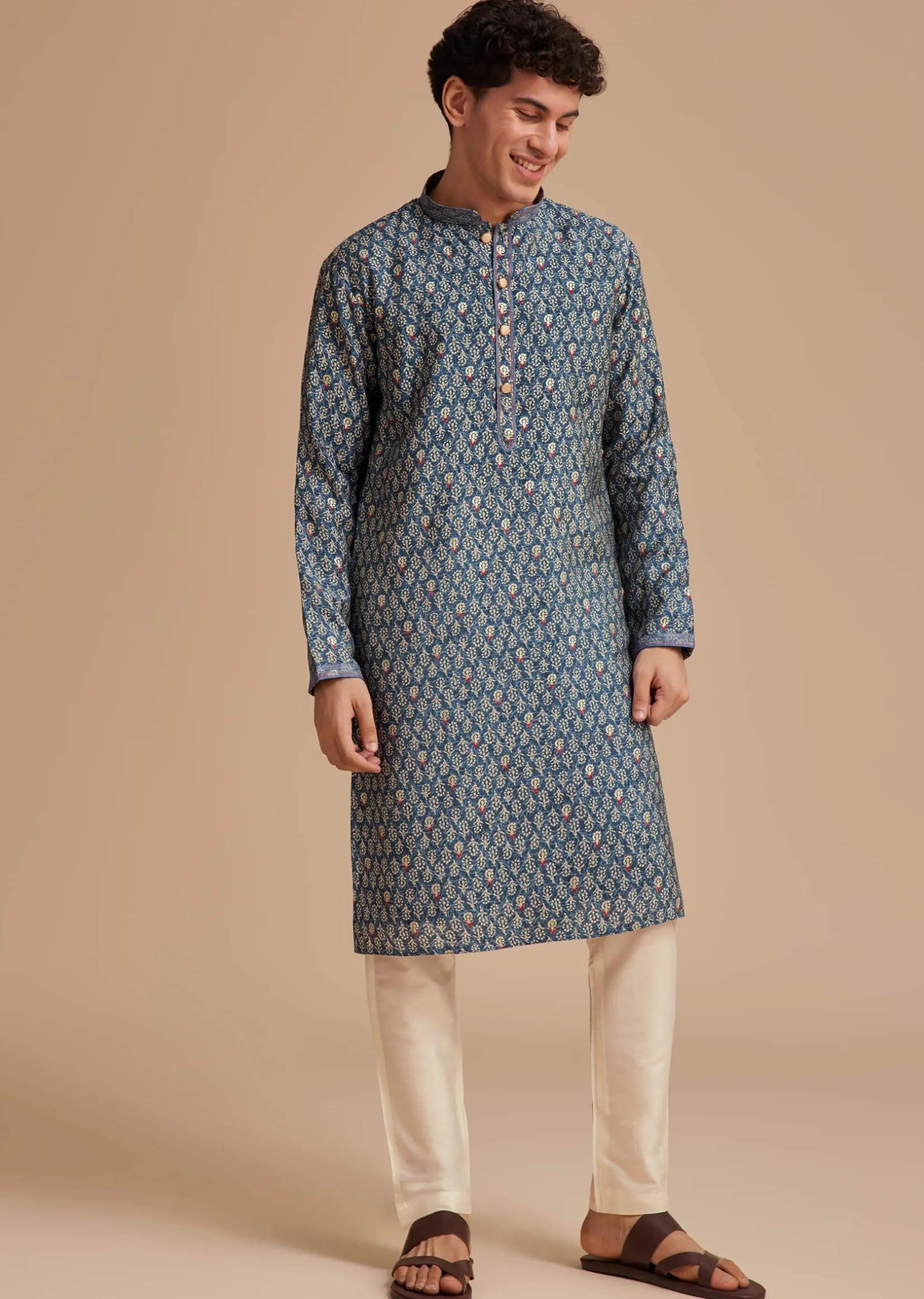 Blue Muslin Mughal Printed Kurta Set