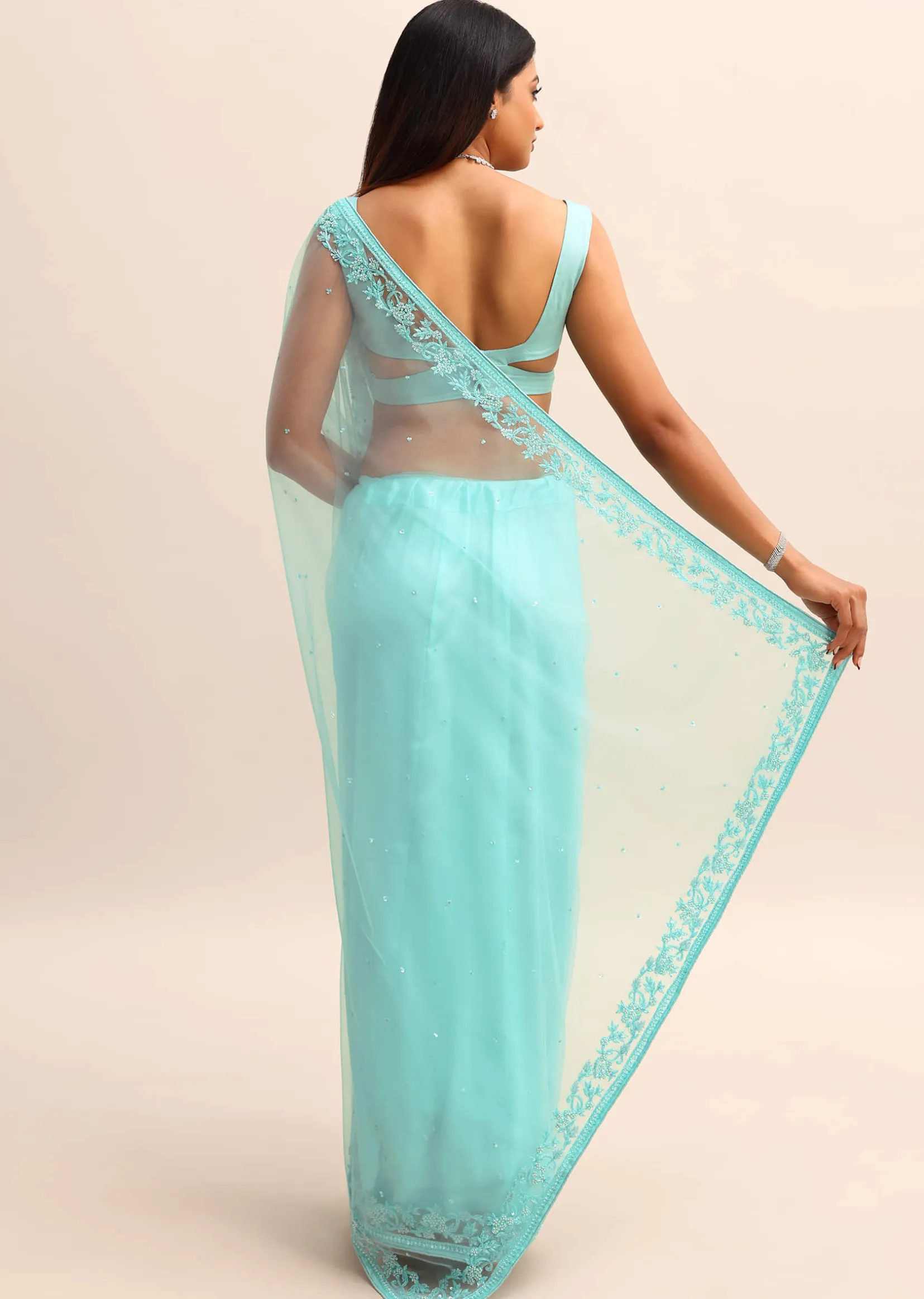 Blue Net Cutdana Saree With Beads Embroidered Border And Unstitched Blouse