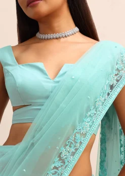 Blue Net Cutdana Saree With Beads Embroidered Border And Unstitched Blouse