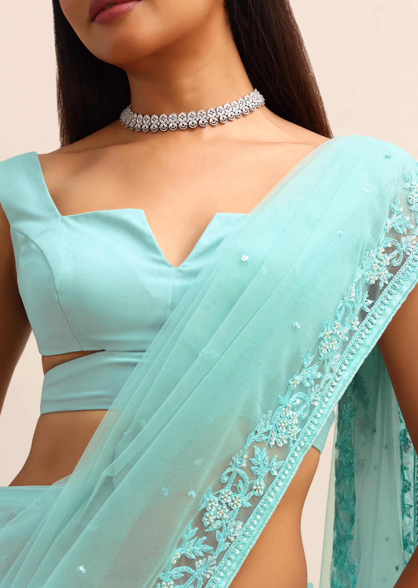 Blue Net Cutdana Saree With Beads Embroidered Border And Unstitched Blouse