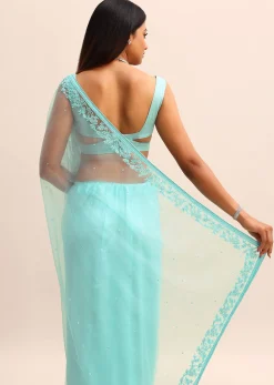 Blue Net Cutdana Saree With Beads Embroidered Border And Unstitched Blouse