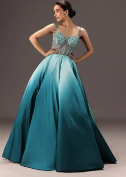 Blue Ombré Flared Gown With Tone On Tone Embroidery