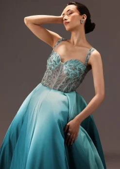 Blue Ombré Flared Gown With Tone On Tone Embroidery