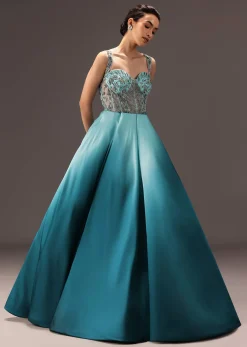 Blue Ombré Flared Gown With Tone On Tone Embroidery