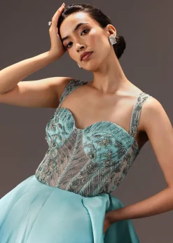 Blue Ombré Flared Gown With Tone On Tone Embroidery
