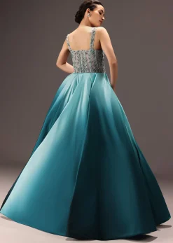 Blue Ombré Flared Gown With Tone On Tone Embroidery