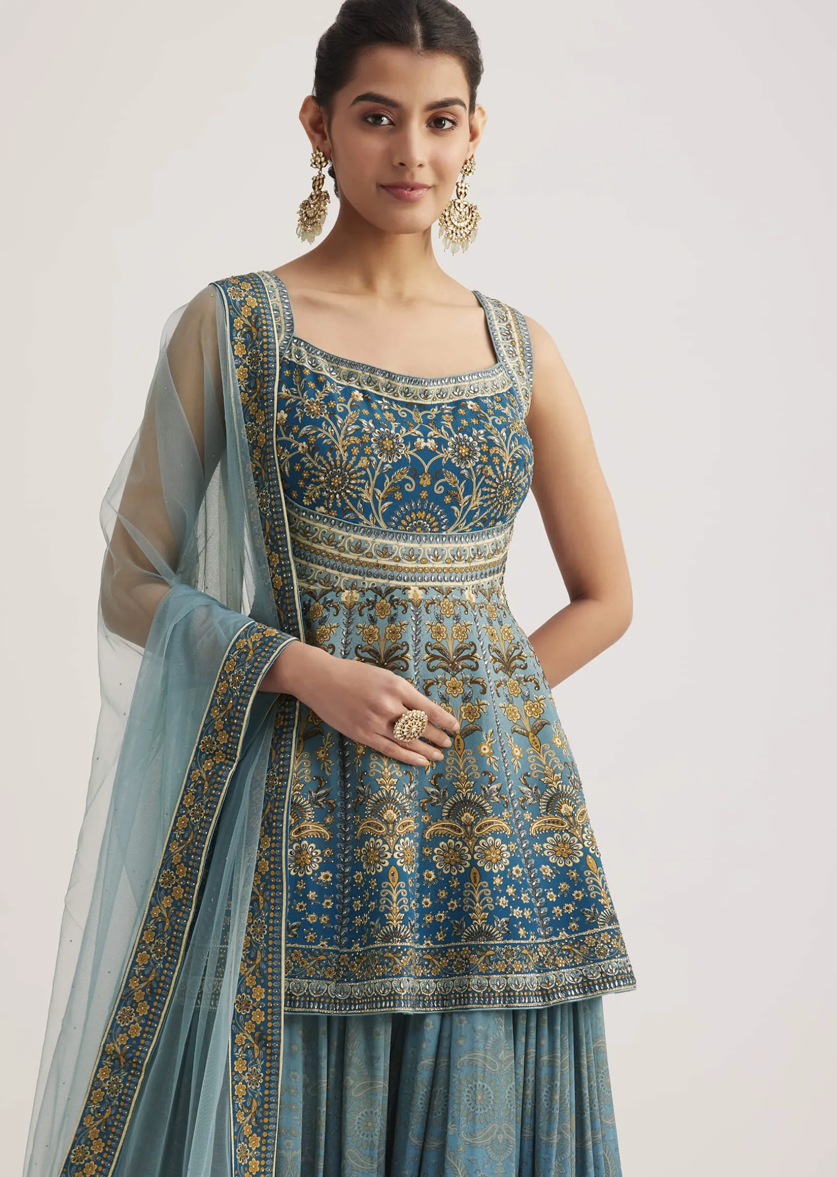 Blue Ombre Crepe Kurta Palazzo Set With Embellished Net Dupatta
