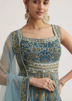 Blue Ombre Crepe Kurta Palazzo Set With Embellished Net Dupatta