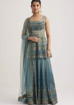 Blue Ombre Crepe Kurta Palazzo Set With Embellished Net Dupatta