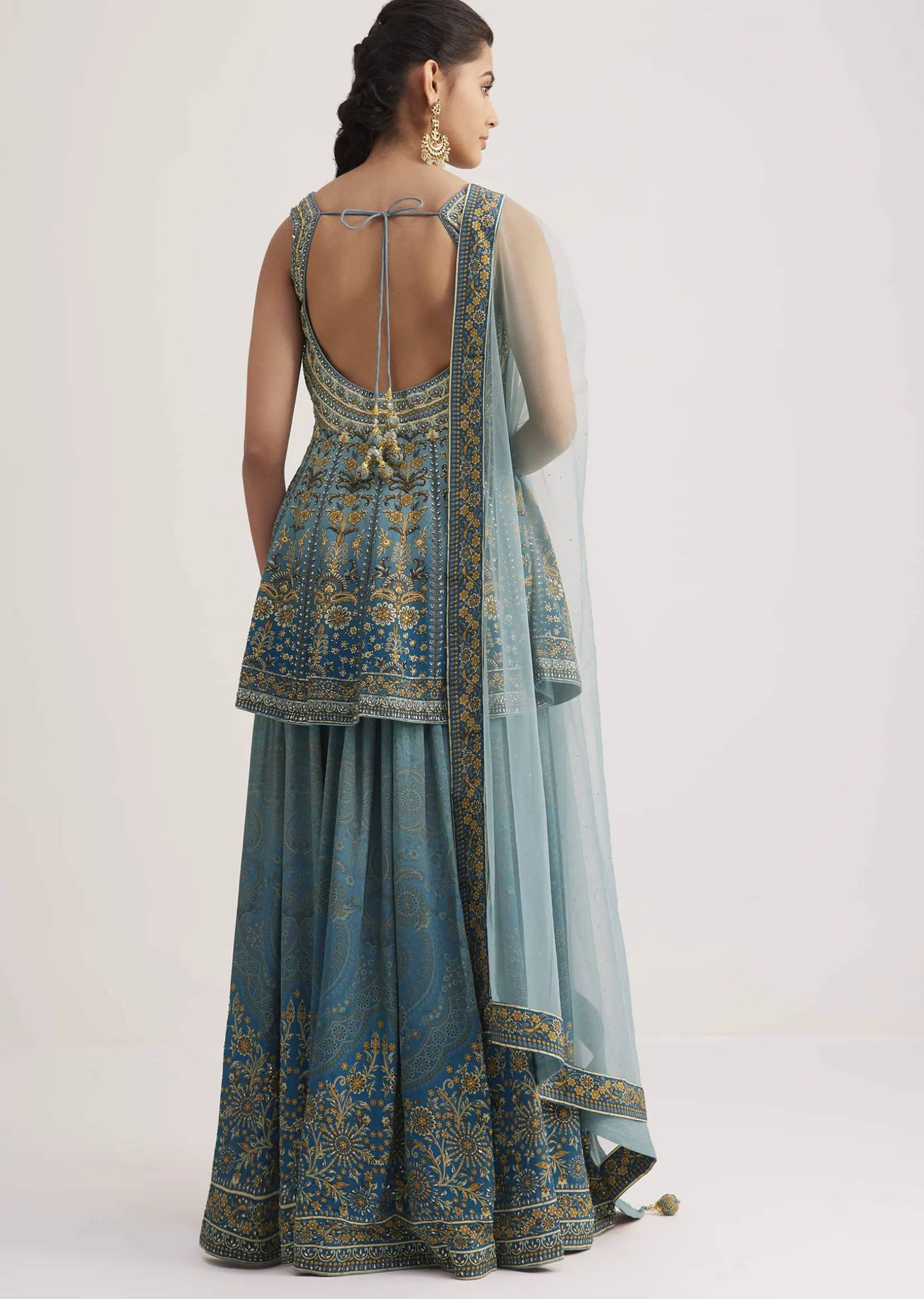 Blue Ombre Crepe Kurta Palazzo Set With Embellished Net Dupatta