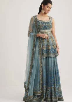 Blue Ombre Crepe Kurta Palazzo Set With Embellished Net Dupatta