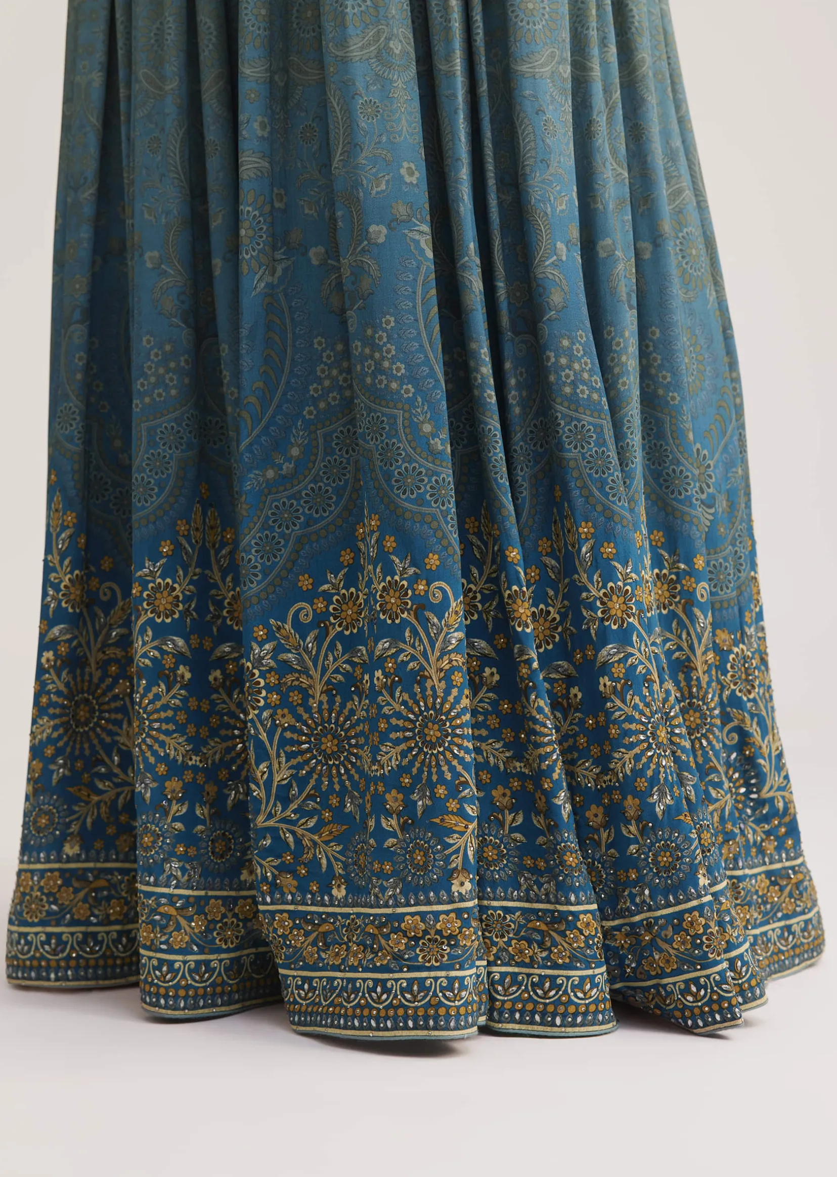 Blue Ombre Crepe Kurta Palazzo Set With Embellished Net Dupatta