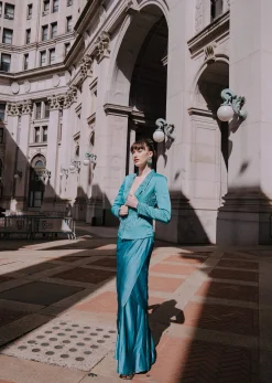 Blue Ombre Draped Skirt WIth Embroidered Jacket
