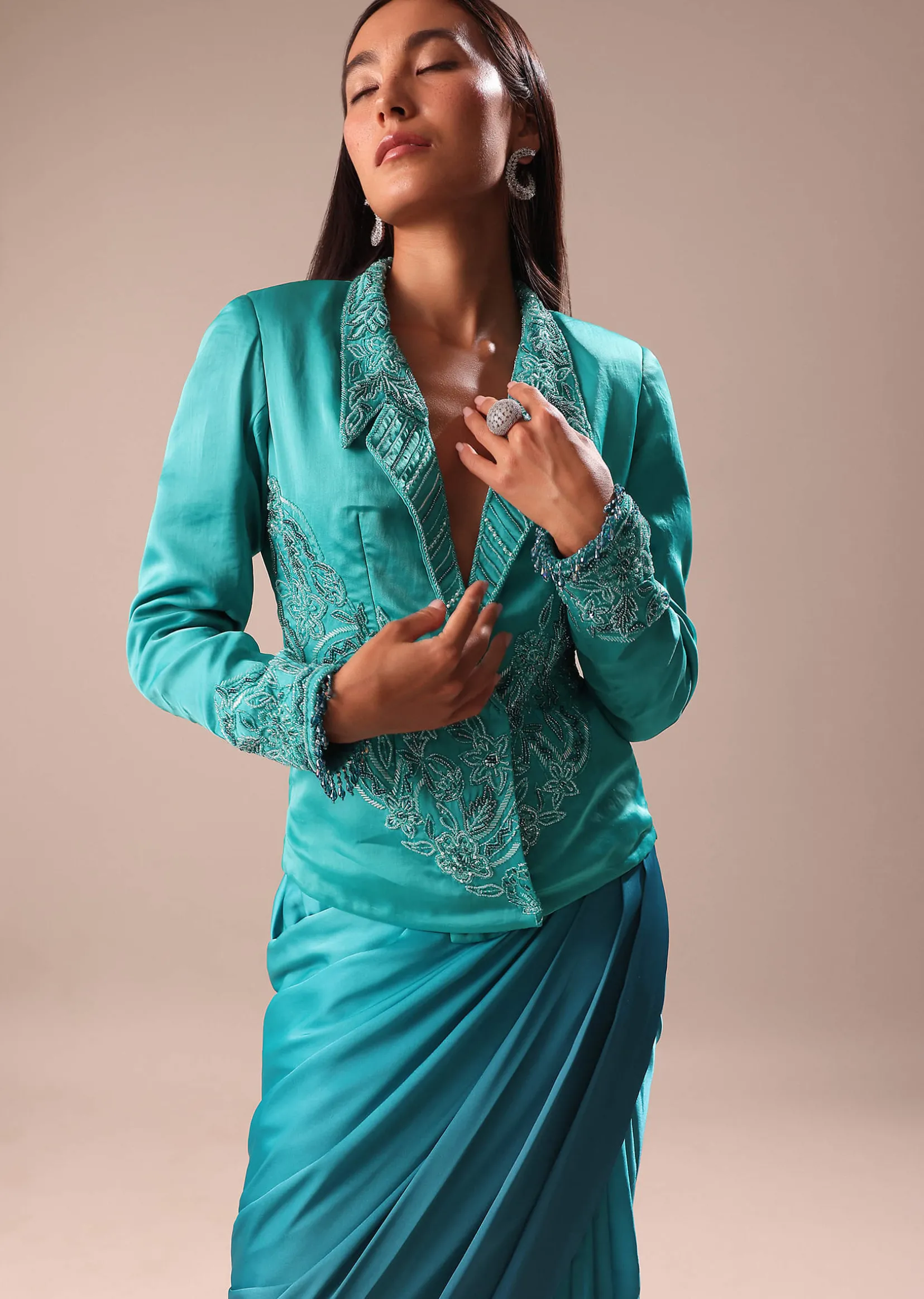 Blue Ombre Draped Skirt WIth Embroidered Jacket