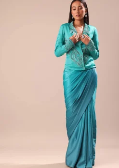 Blue Ombre Draped Skirt WIth Embroidered Jacket