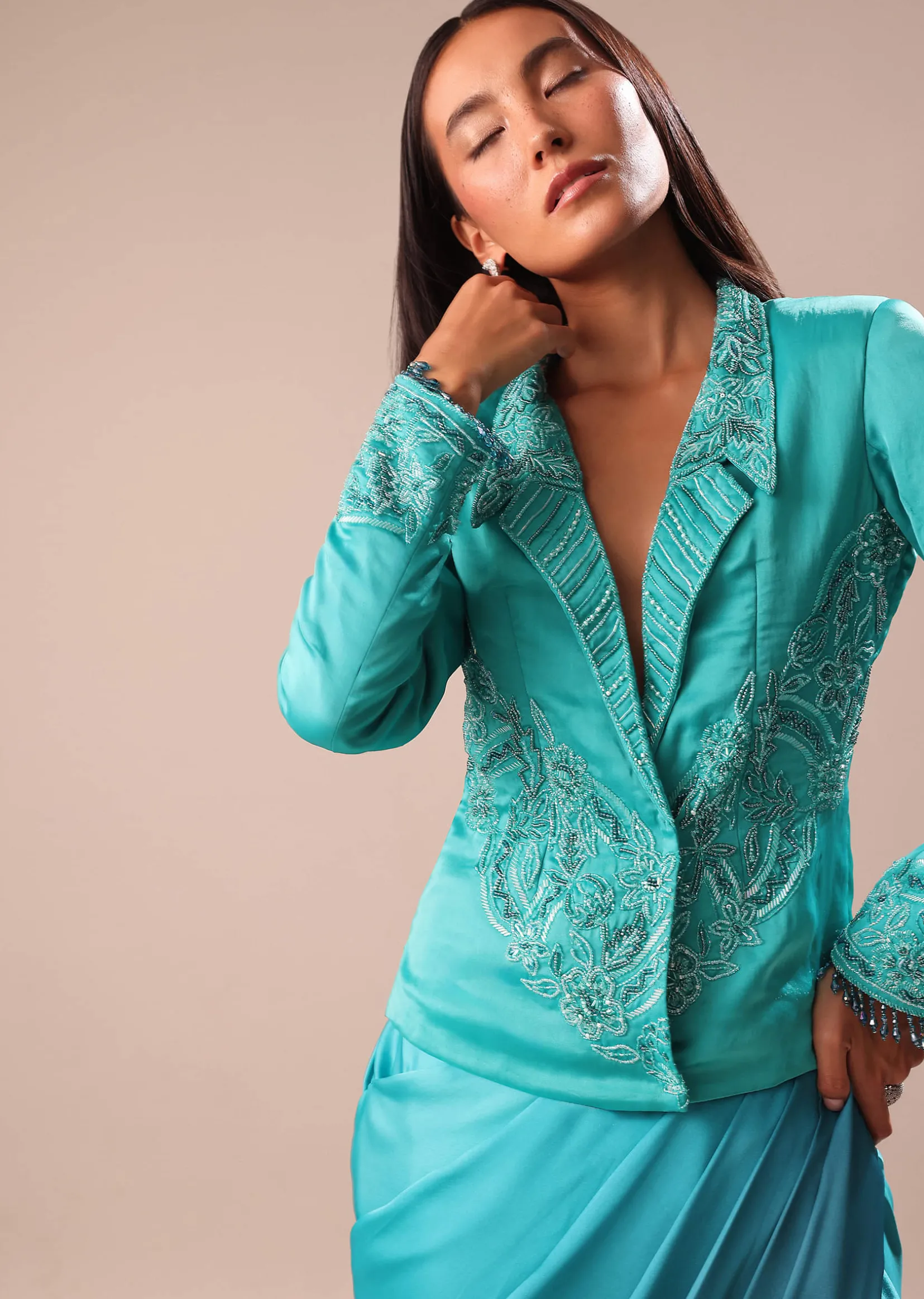 Blue Ombre Draped Skirt WIth Embroidered Jacket