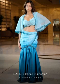 Blue Ombre Draped Skirt With Blouse And Tassel Lace Cape