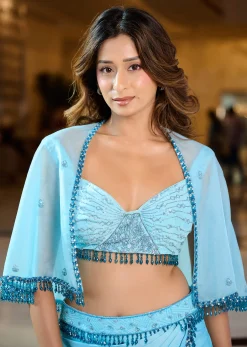 Blue Ombre Draped Skirt With Blouse And Tassel Lace Cape