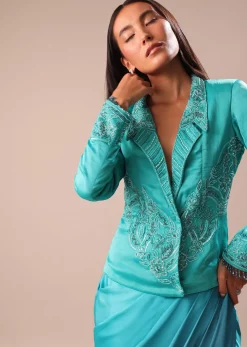 Blue Ombre Draped Skirt WIth Embroidered Jacket