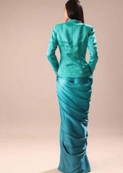 Blue Ombre Draped Skirt WIth Embroidered Jacket